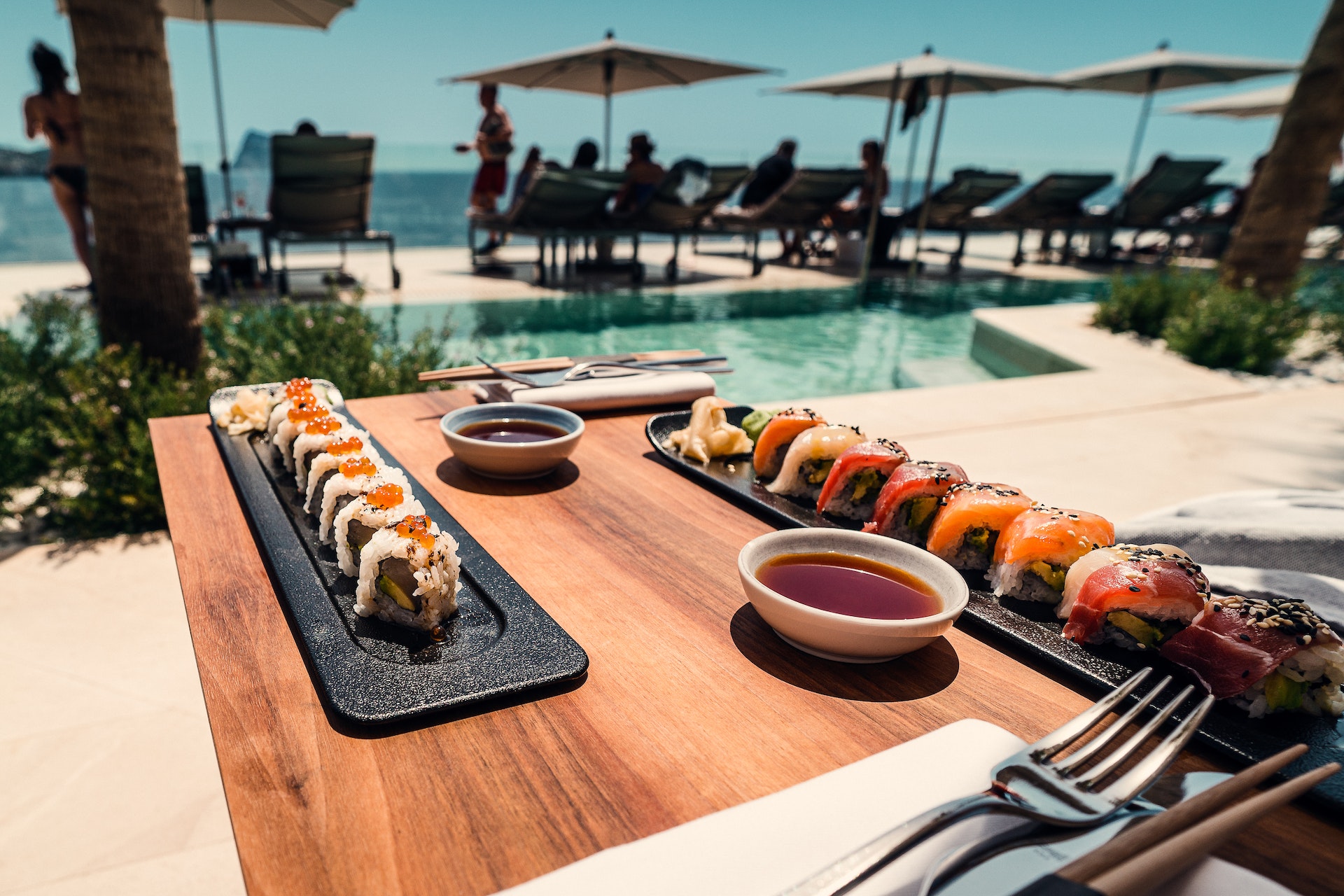 Sushi roll tray on a table