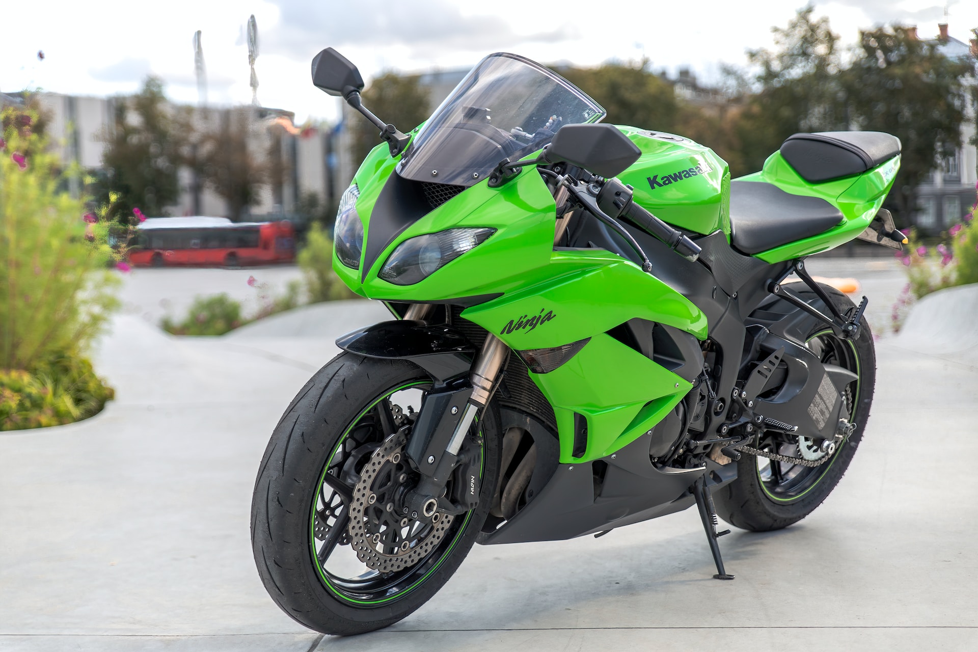 A parked green Kawasaki Ninja