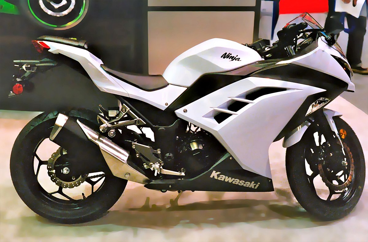 Image of a white Kawasaki Ninja 300 motorcycle